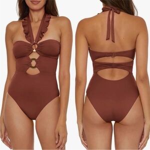 Ruffled Halter One-Piece Swimsuit in Brown